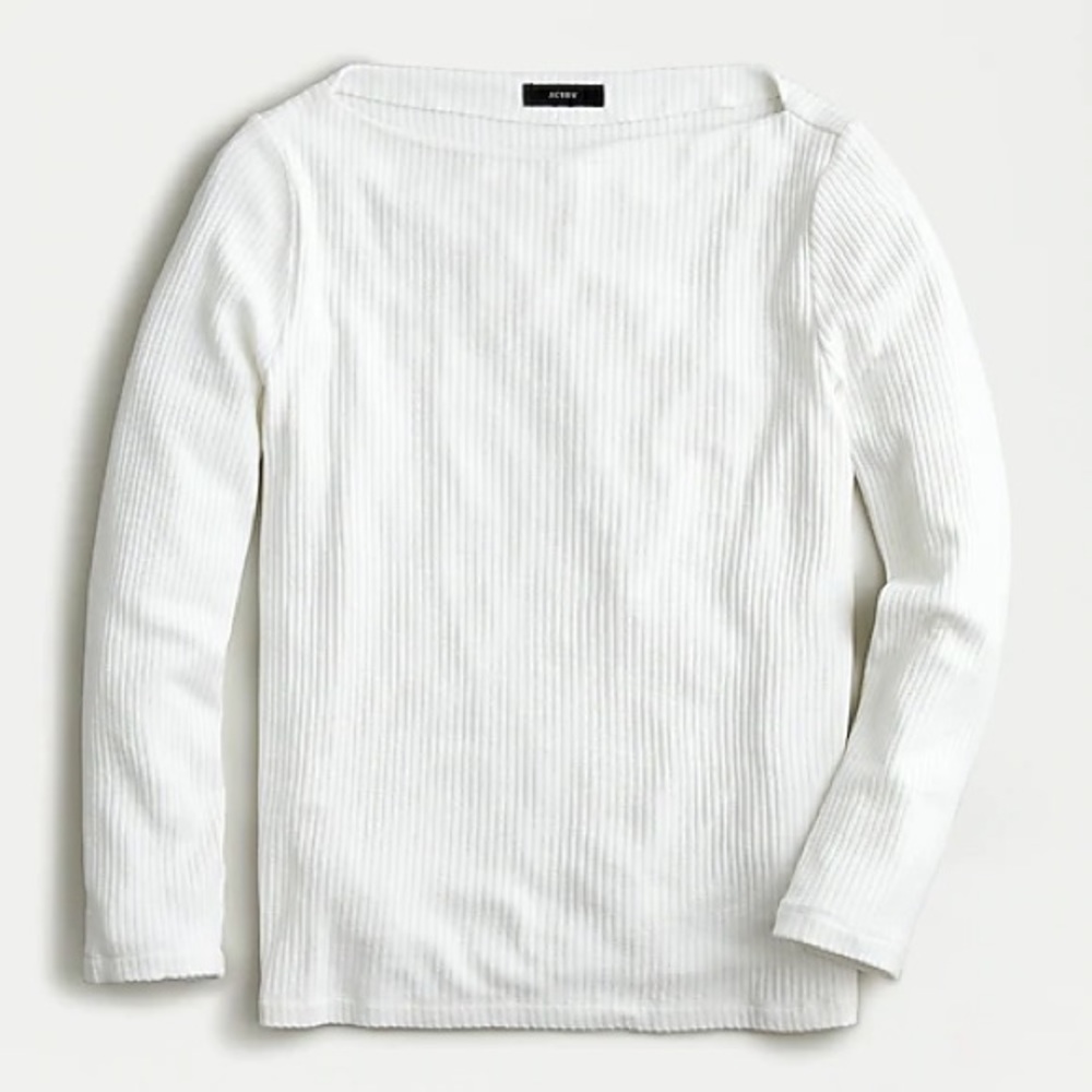 J. Crew White Ribbed Bateau Neck 3/4 Sleeve Top